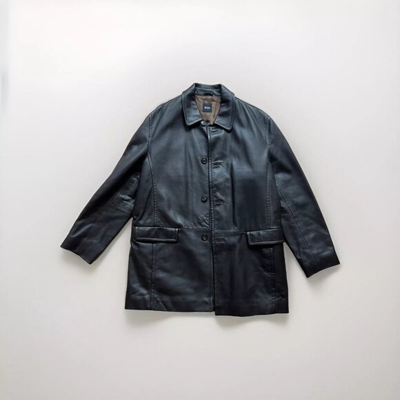 HUGO BOSS Leather Jacket 44R = XL Men Brown Soft Heavy Mid-Length 645 TV Worn